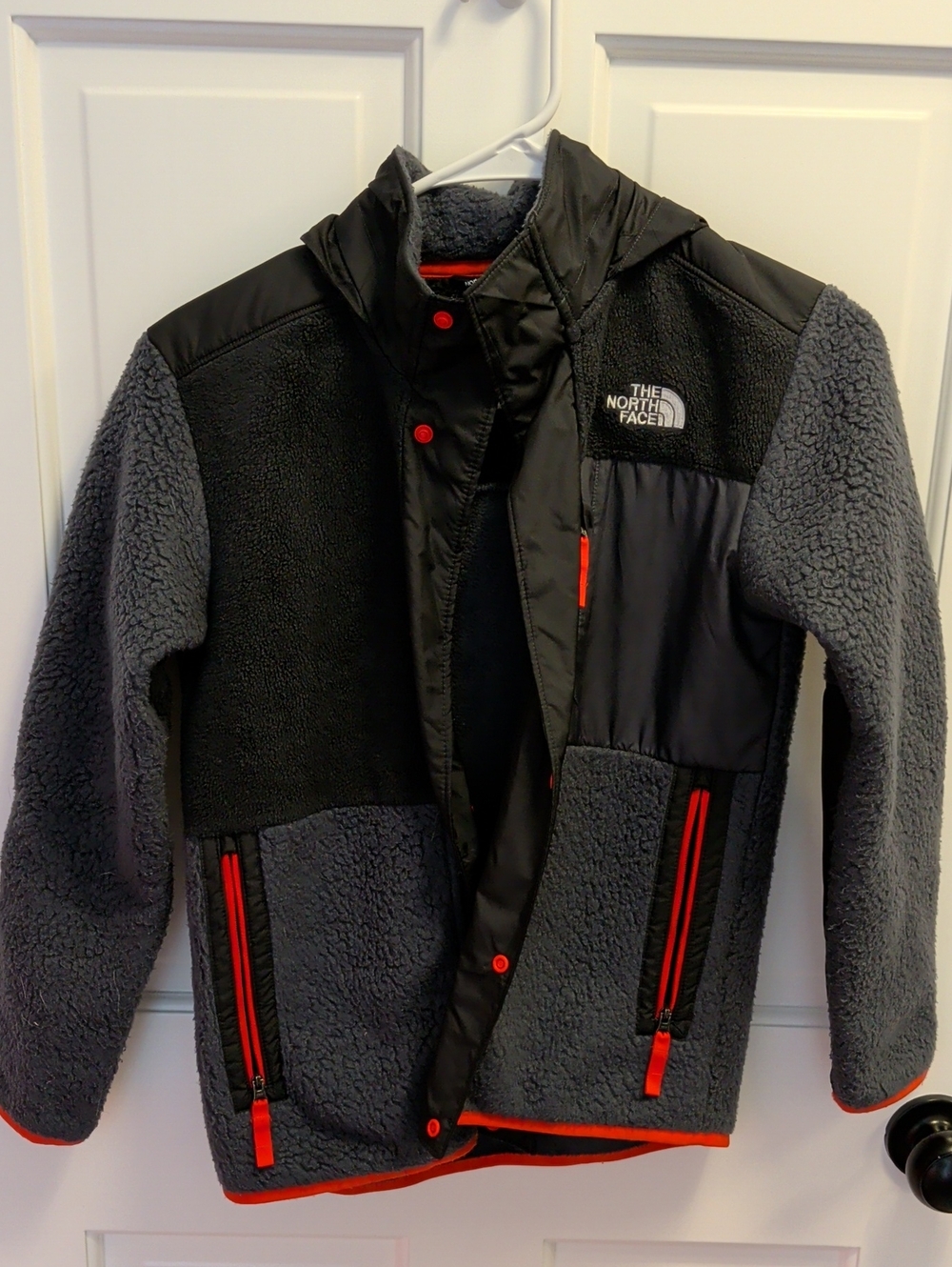 The North Face Kids' Gray and Black Sherpa Fleece Jacket with Red Accents